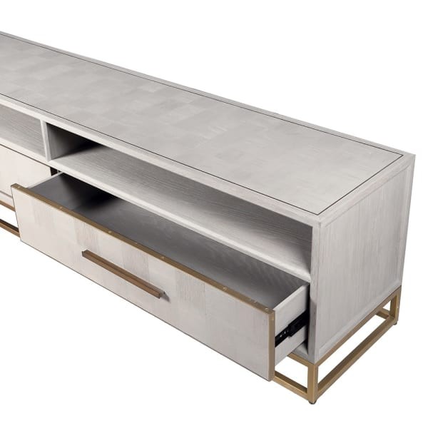 Szafka pod TV Primrose 200x55 cm jasny dąb komoda szafka RTV miedziane detale