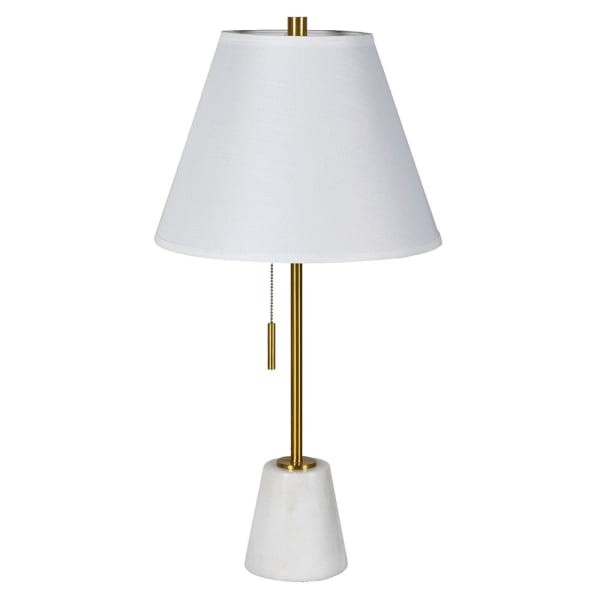 Biała lampa stołowa 72 cm marmurowa biała podstawa złote detale lniany abażur
