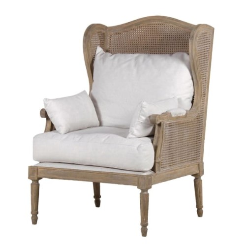 Fotel Manila drewno dąb 116 cm białe poduchy len bawełna 