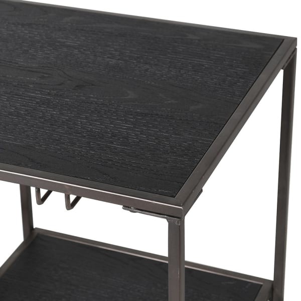 Wózek barowy Loft 85 cm brąz i czerń żelazna rama na kółkach skórzany stojak na wino