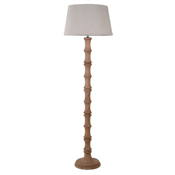 Lampa podłogowa Wooden Telcon 170 cm drewno mango beżowy lniany abażur