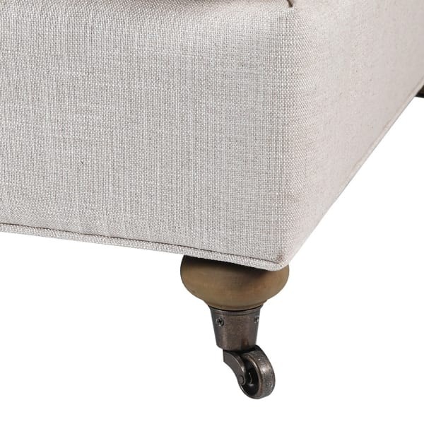Duży Fotel lniana tapicerka 125 cm poduszka nóżki na kółkach