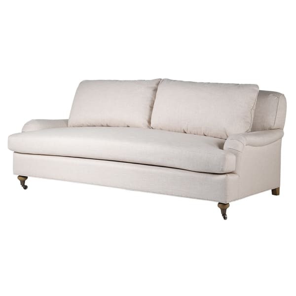 Jasna sofa Love lniana tapicerka 210 cm poduszka nóżki na kółkach trzyosobowa kanapa