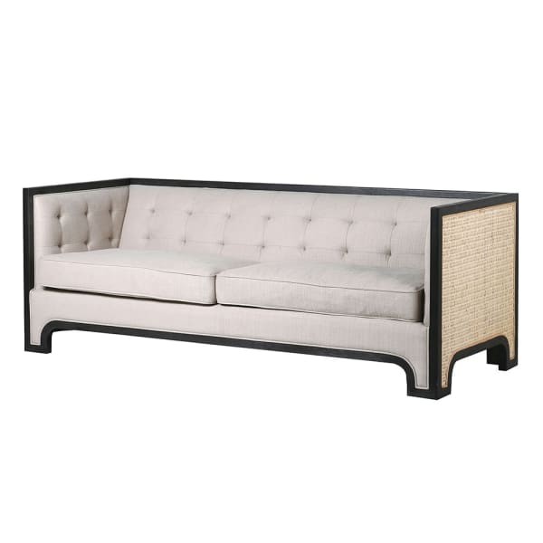 Sofa Leicester 200 cm rattanowe boki czarny dąb jasne poduszki pikowane oparcie