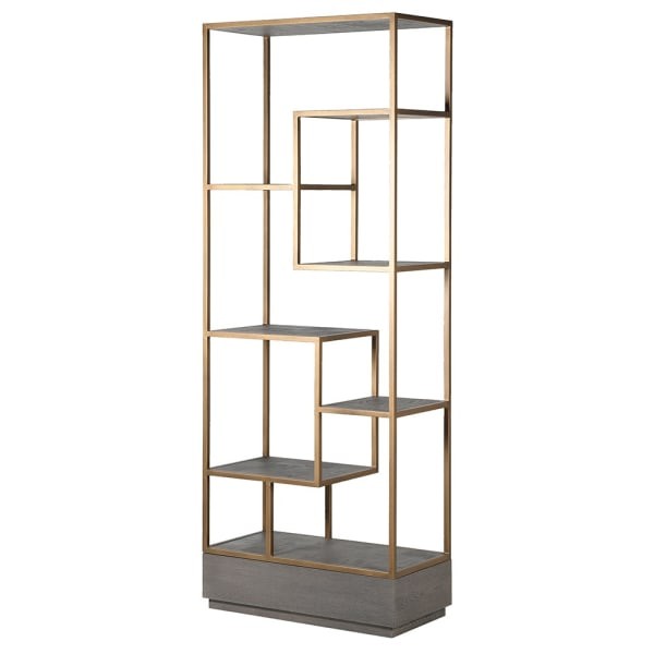 Złoty regał Camile Oak 211x80 cm szary dąb żelazna rama w kolorze mosiądzu liczne wewnętrzne półki