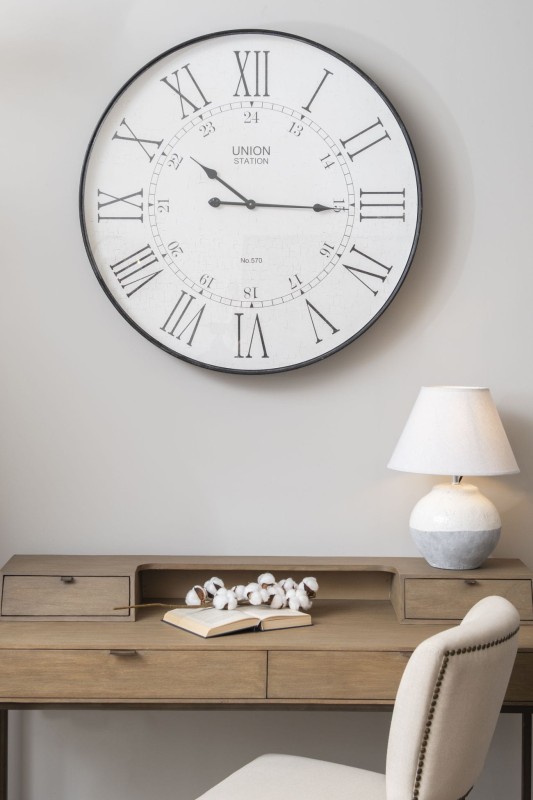 Okrągły zegar Telcon ścienny 80 cm tarcza za szkłem szara rama