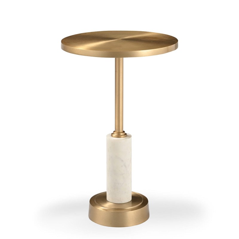 Stolik boczny Erdre 55 cm złoty metalowy stolik ze zdobioną podstawą z jasnego marmuru