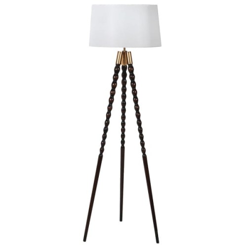 Lampa podłogowa Paulownia 160 cm – drewniany trójnóg, biały lniany abażur i złote detale