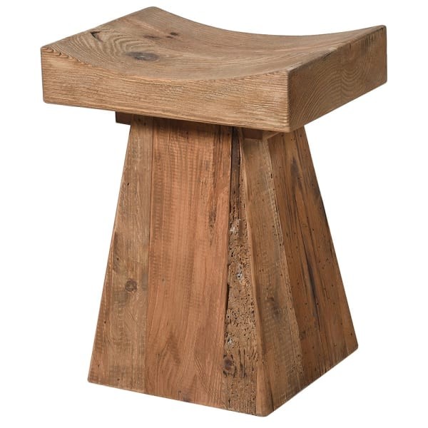 Stołek drewniany Japandi drewno z odzysku 45 cm naturalny kolor