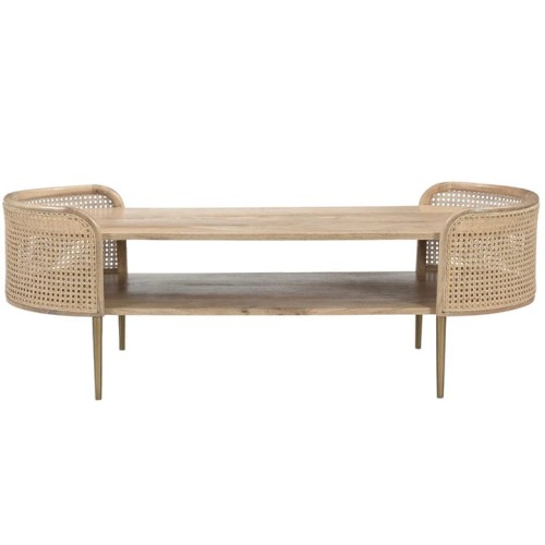 Drewniany stolik kawowy Taba 127x50 cm drewno i rattan owalny blat