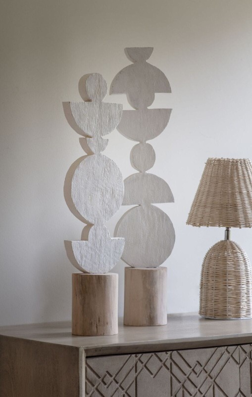 Duża rzeźba Totem 64 cm nowoczesna drewniana abstrakcyjna biel i drewno