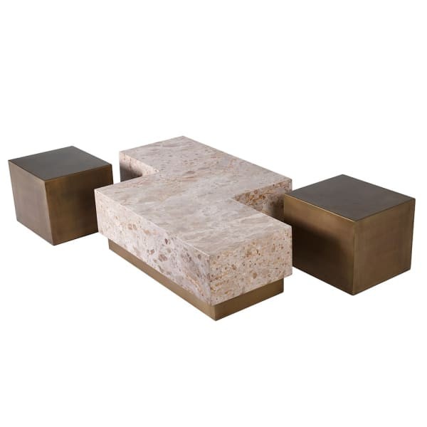 Nowoczesny stolik modułowy kawowy Esher Marble 122,5 cm prostokątny blat złoty metal