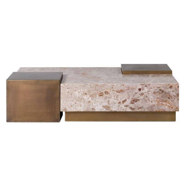 Nowoczesny stolik modułowy kawowy Esher Marble 122,5 cm prostokątny blat złoty metal
