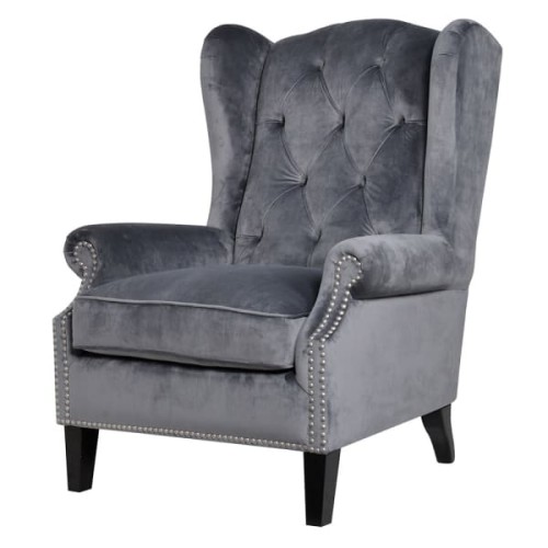 Szary fotel Elegance Velvet uszak 103 cm guziki ozdobne czarne nóżki