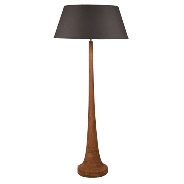 Drewniana lampa stojąca z naturalną podstawą z mango
