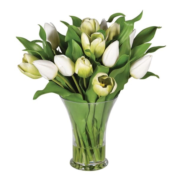 Dekoracja sztuczne kwiaty Tulip tulipany białe 45 cm wysokości szklany wazon