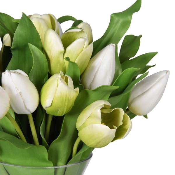 Dekoracja sztuczne kwiaty Tulip tulipany białe 45 cm wysokości szklany wazon