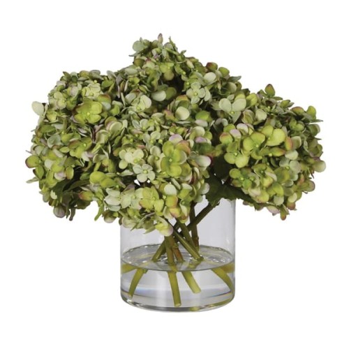 Dekoracja Bukiet sztucznych Hortensji Pistacja 35 cm hortensje w szklanym wazonie