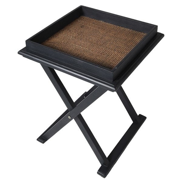 Stolik pomocniczy Zelten 54 cm drewniana czarna rama blat rattan skrzyżowane nogi