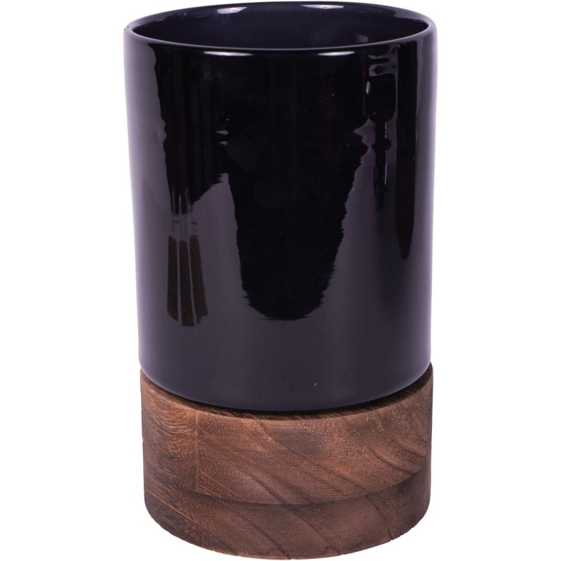 Szklany wazon Noir M 20,5 cm czarne szkło drewniana podstawa