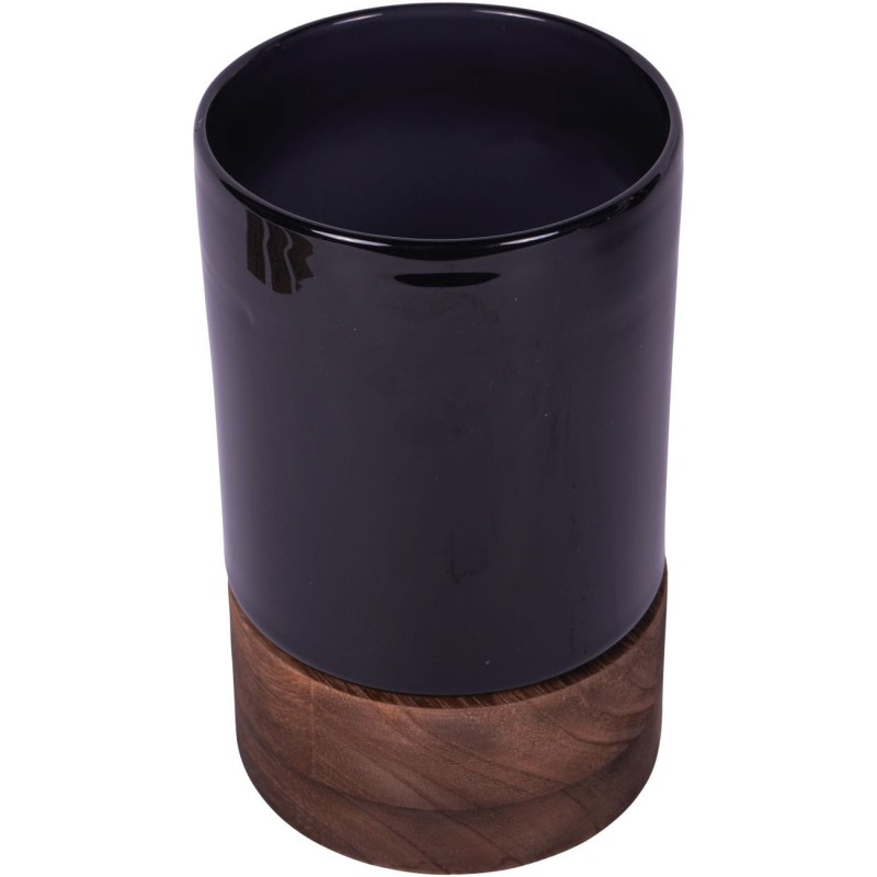 Szklany wazon Noir M 20,5 cm czarne szkło drewniana podstawa