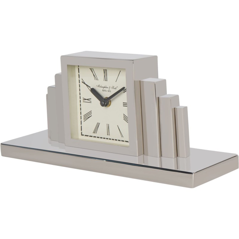 Stalowy zegar kominkowy Art Deco 34,5 cm srebrny zegar stojący