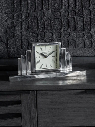 Stalowy zegar kominkowy Art Deco 34,5 cm srebrny zegar stojący