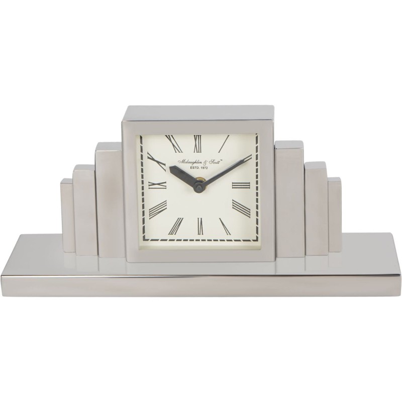 Stalowy zegar kominkowy Art Deco 34,5 cm srebrny zegar stojący
