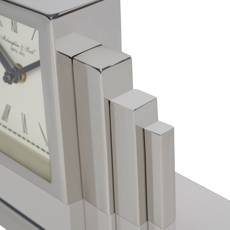 Stalowy zegar kominkowy Art Deco 34,5 cm srebrny zegar stojący