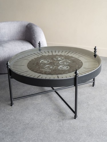Okrągły stolik kawowy Clock Black 100 cm metalowy szklany blat zegar z mechanizmem