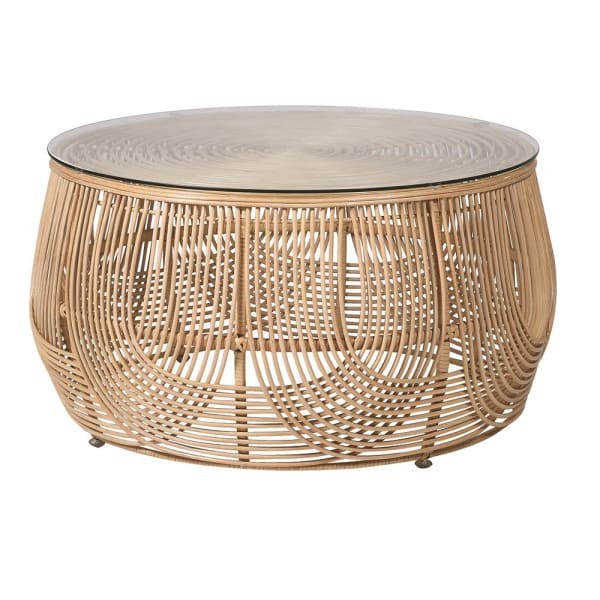 Okrągły stolik kawowy Rattan Natural 77 cm z plecioną podstawą i szklanym blatem