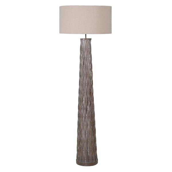 Bambusowa lampa stojąca z kremowym lnianym abażurem