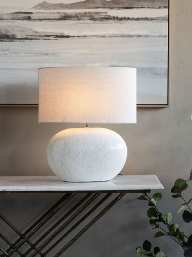 Biała lampa stołowa Terracotta White 53 cm z terakotową podstawą i lnianym abażurem