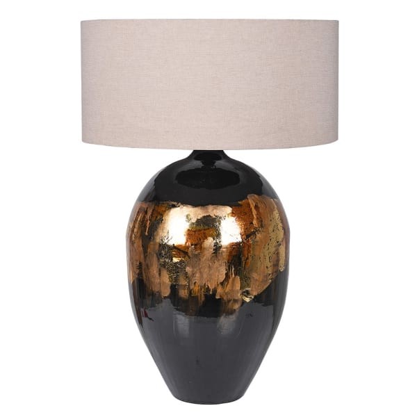 Duża żelazna lampa stołowa Ayrton Gold 80 cm lniany abażur