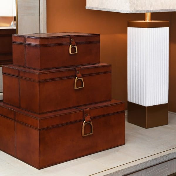 Komplet trzech pudełek Boscobel naturalna brązowa skóra pudełka do przechowywania