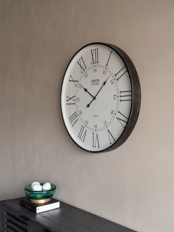 Okrągły zegar Telcon ścienny 80 cm tarcza za szkłem szara rama