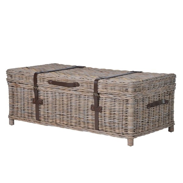 Stolik kawowy Rattan Taba 120 cm kufer skrzynia skórzane detale - nietypowy stolik kawowy