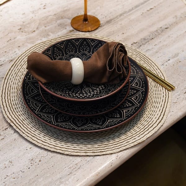 Komplet obiadowy Mandala Dark 12 elementów talerze i miski z kamionki