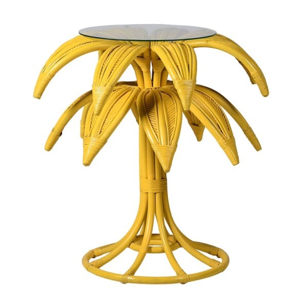 Stolik pomocniczy Yellow Palm 80 cm wysokości rattan szklany blat okrągły