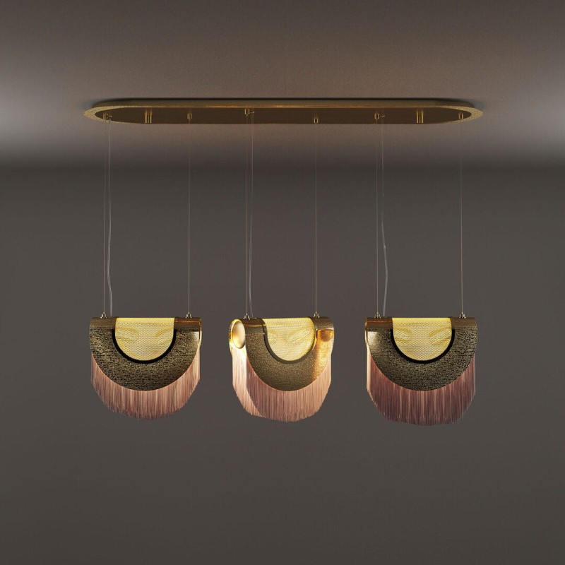Lampa sufitowa Seoul od Creativemary 111x90 cm mosiądz stal jedwabne frędzle