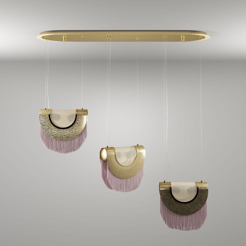 Lampa sufitowa Seoul od Creativemary 111x90 cm mosiądz stal jedwabne frędzle