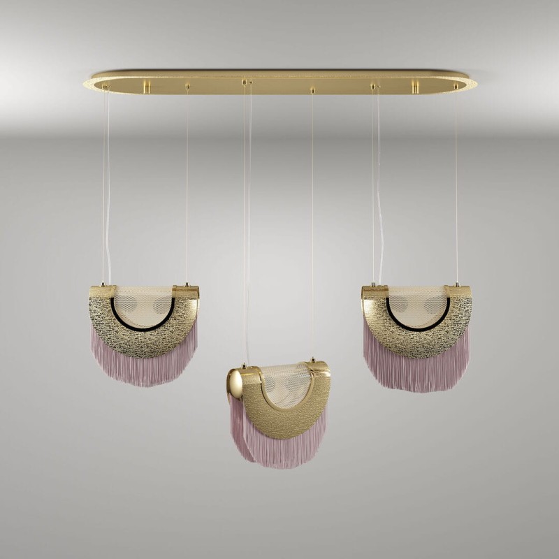 Lampa sufitowa Seoul od Creativemary 111x90 cm mosiądz stal jedwabne frędzle