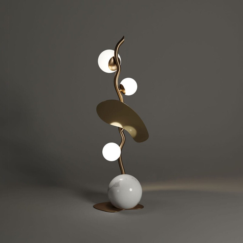 Lampa stołowa Almond od Creativemary 70 cm szklane białe klosze mosiężna podstawa z marmurem