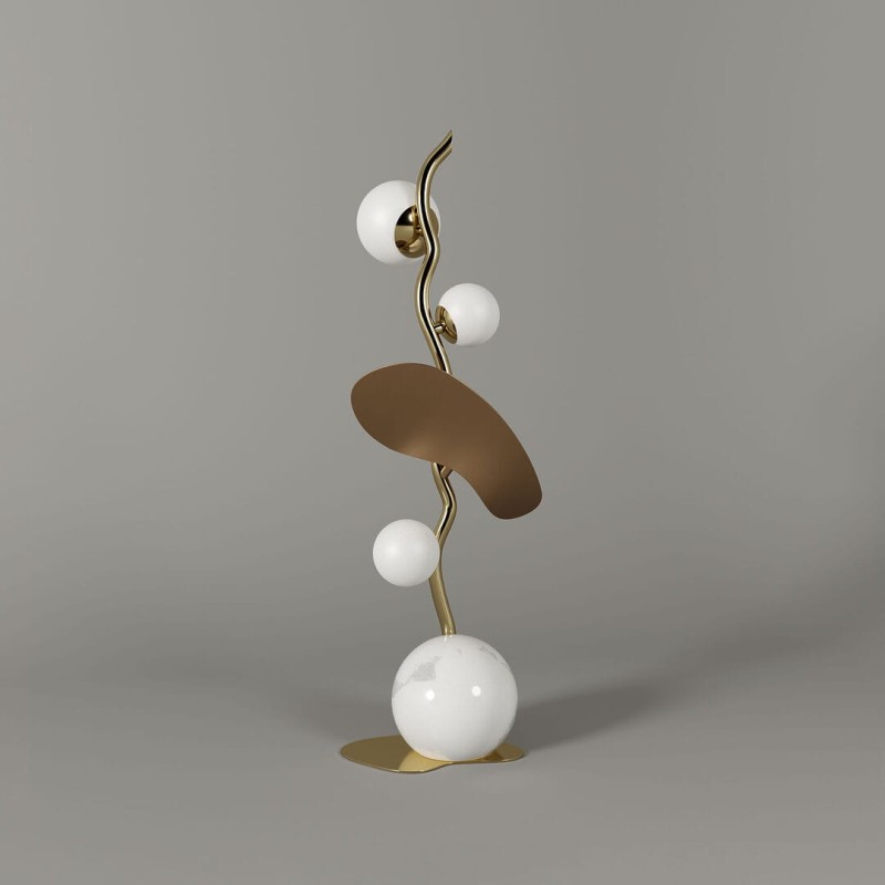 Lampa stołowa Almond od Creativemary 70 cm szklane białe klosze mosiężna podstawa z marmurem