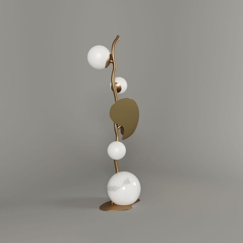 Lampa stołowa Almond od Creativemary 70 cm szklane białe klosze mosiężna podstawa z marmurem