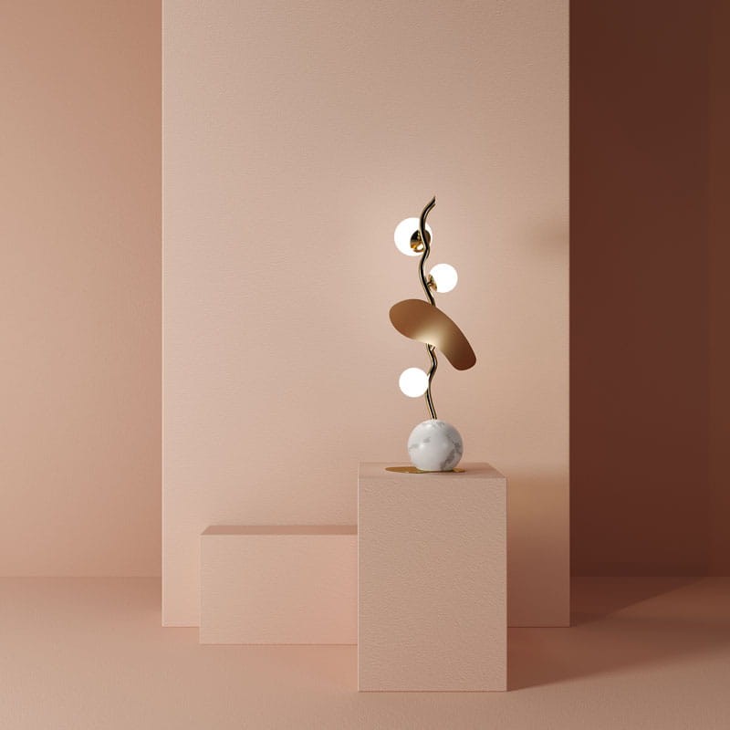 Lampa stołowa Almond od Creativemary 70 cm szklane białe klosze mosiężna podstawa z marmurem