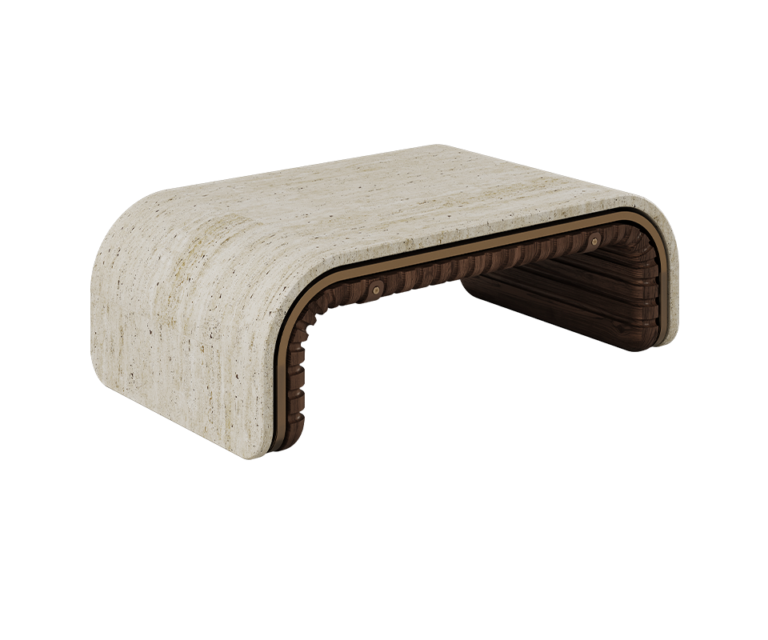 Stolik kawowy Henley od WoodTailors 121 cm marmur mosiądz drewno orzecha amerykańskiego