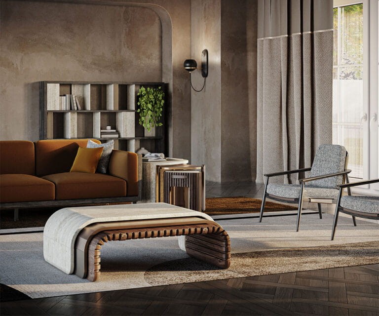 Stolik kawowy Henley od WoodTailors 121 cm marmur mosiądz drewno orzecha amerykańskiego