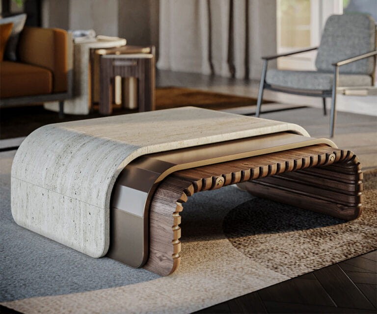 Stolik kawowy Henley od WoodTailors 121 cm marmur mosiądz drewno orzecha amerykańskiego