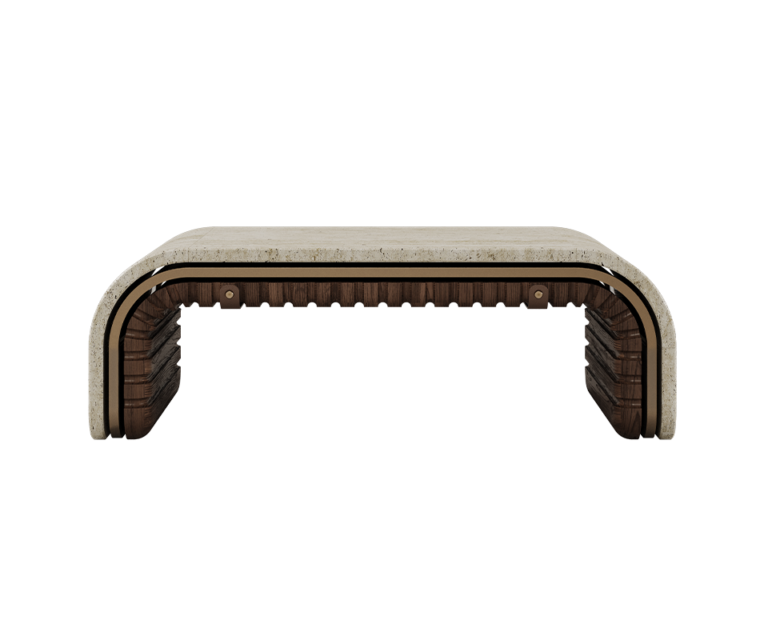 Stolik kawowy Henley od WoodTailors 121 cm marmur mosiądz drewno orzecha amerykańskiego